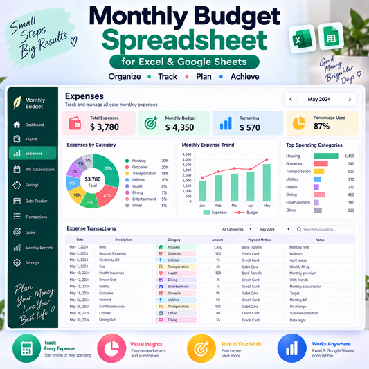 Monthly Budget Spreadsheet for Excel & Google Sheets