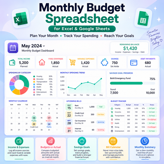 Monthly Budget Spreadsheet for Excel & Google Sheets