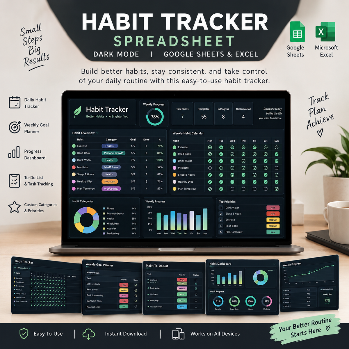 Habit Tracker Spreadsheet Dark Mode Google Sheets Excel