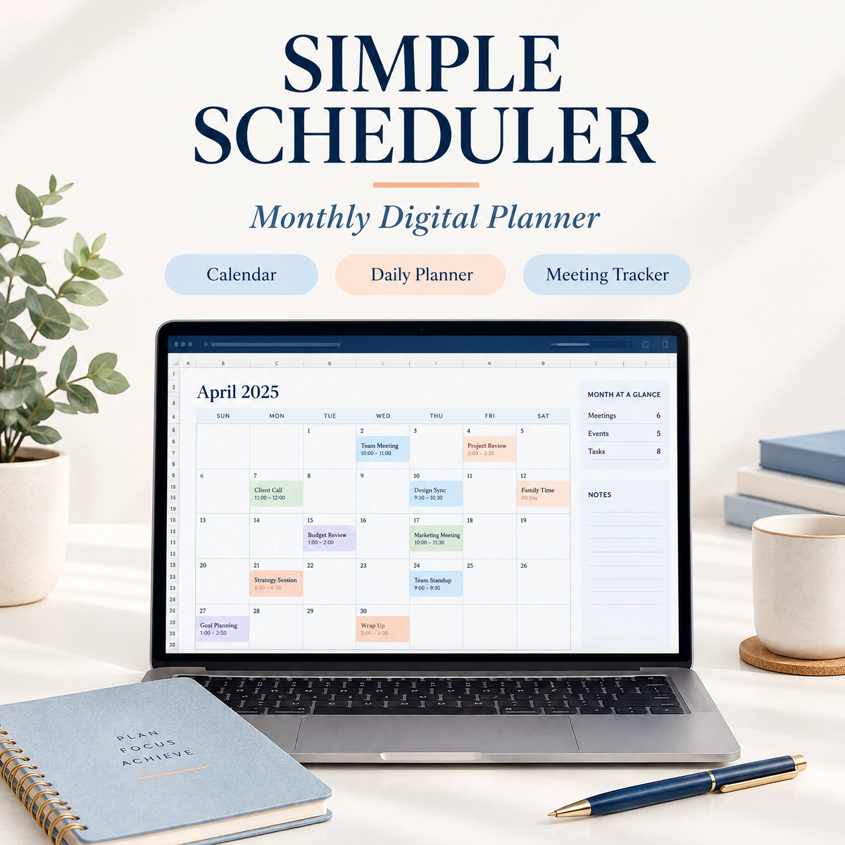 Simple Scheduler Monthly Spreadsheet Digital Calendar